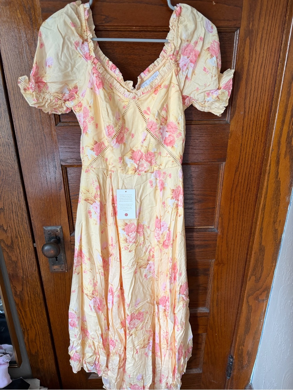 Ivy City Co Yellow Midi Dress with Pink Floral Print